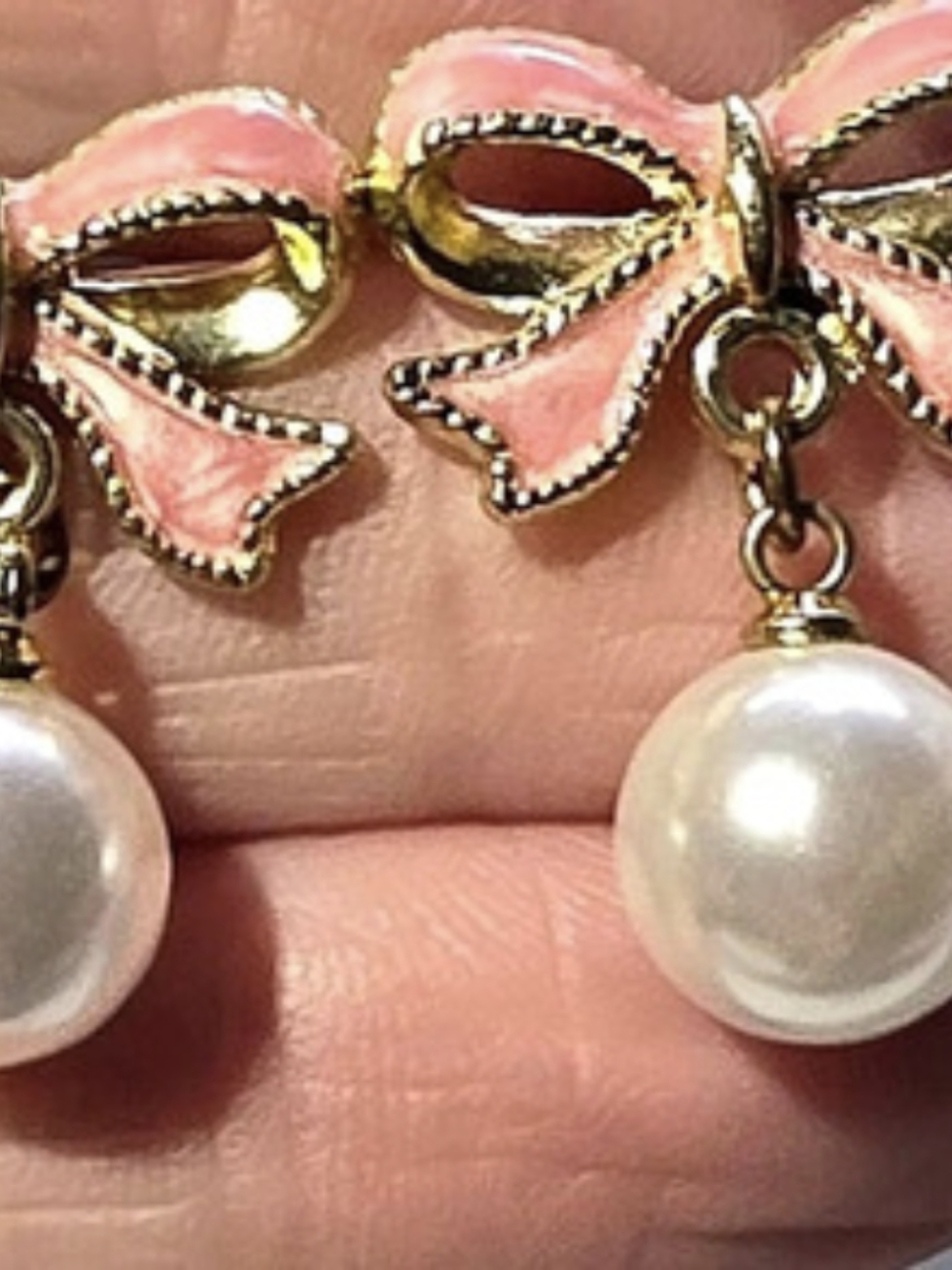 Pink Bow Pearl Drop Earrings Like New